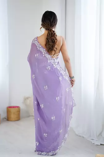 light purple chiffon crush saree with ultra satin blouse  sequins moti & cut dana work party wear saree