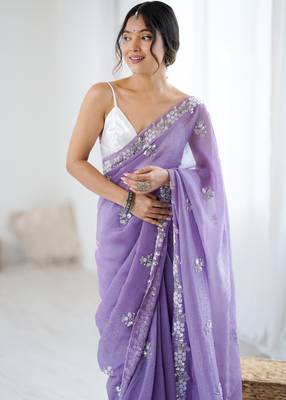 light purple chiffon crush saree with ultra satin blouse  sequins moti & cut dana work party wear saree 3