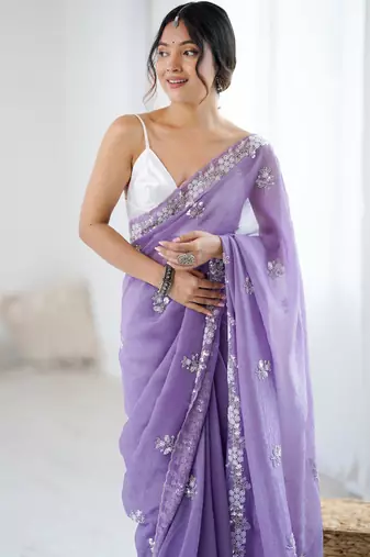 light purple chiffon crush saree with ultra satin blouse  sequins moti & cut dana work party wear saree