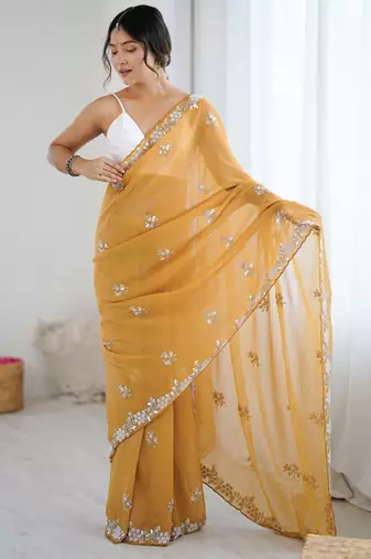 light mustard chiffon crush saree with ultra satin blouse     sequins, moti & cut dana work designer party wear saree