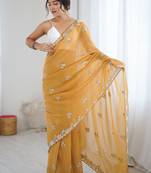 light mustard chiffon crush saree with ultra satin blouse – sequins, moti & cut dana work designer party wear saree
