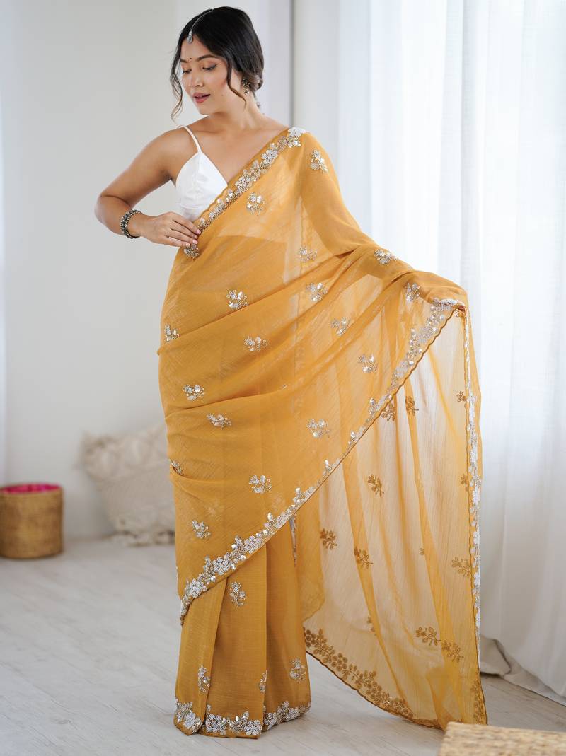 light mustard chiffon crush saree with ultra satin blouse – sequins, moti & cut dana work designer party wear saree