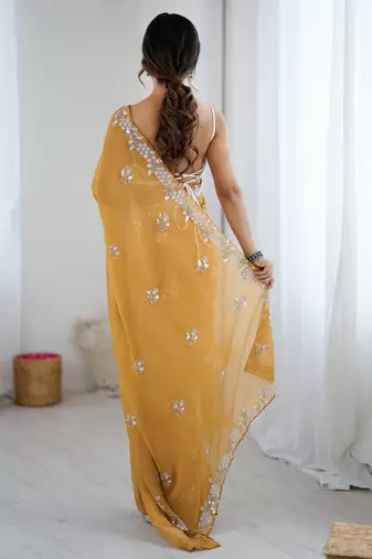 light mustard chiffon crush saree with ultra satin blouse  sequins moti & cut dana work party wear saree
