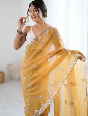 light mustard chiffon crush saree with ultra satin blouse  sequins moti & cut dana work party wear saree 3