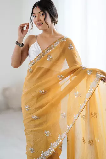 light mustard chiffon crush saree with ultra satin blouse  sequins moti & cut dana work party wear saree