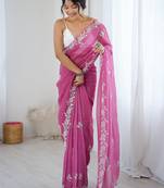 pink chiffon crush saree with ultra satin blouse – sequins, moti & cut dana work designer party wear saree