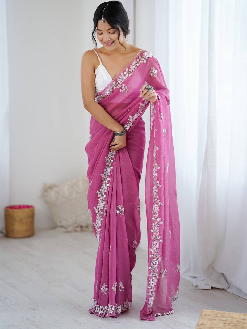 pink chiffon crush saree with ultra satin blouse – sequins, moti & cut dana work designer party wear saree