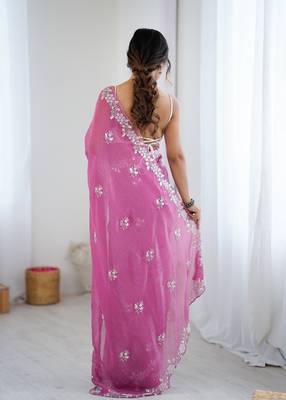 pink chiffon crush saree with ultra satin blouse  sequins moti & cut dana work party wear saree 2