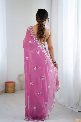 pink chiffon crush saree with ultra satin blouse  sequins moti & cut dana work party wear saree