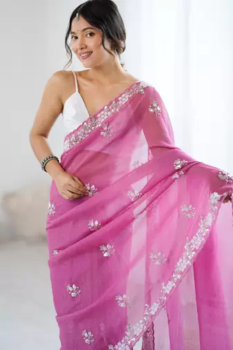 pink chiffon crush saree with ultra satin blouse  sequins moti & cut dana work party wear saree