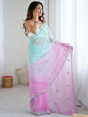 light sea green chiffon crush saree with ultra satin blouse  sequins moti & cut dana work party wear saree 1