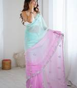 light sea green chiffon crush saree with ultra satin blouse – sequins, moti & cut dana work designer party wear saree