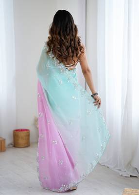 light sea green chiffon crush saree with ultra satin blouse  sequins moti & cut dana work party wear saree 2