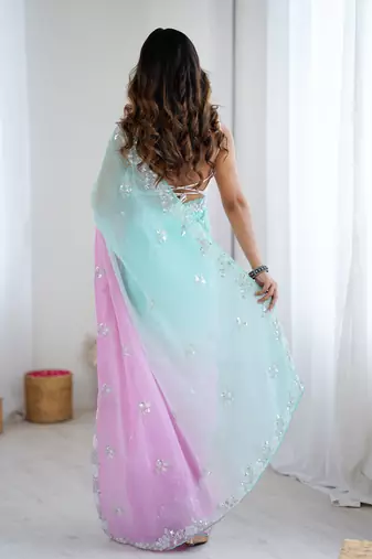 light sea green chiffon crush saree with ultra satin blouse  sequins moti & cut dana work party wear saree