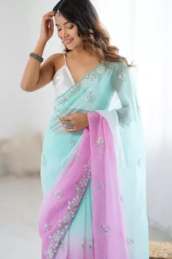light sea green chiffon crush saree with ultra satin blouse  sequins moti & cut dana work party wear saree