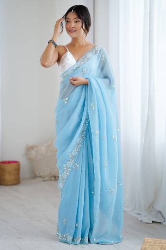 light blue chiffon crush saree with ultra satin blouse sequins moti & cut dana work designer party wear saree