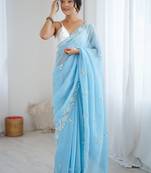 light blue chiffon crush saree with ultra satin blouse – sequins, moti & cut dana work designer party wear saree