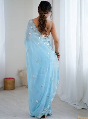 light blue chiffon crush saree with ultra satin blouse  sequins moti & cut dana work party wear saree 2