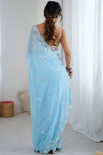 light blue chiffon crush saree with ultra satin blouse  sequins moti & cut dana work party wear saree