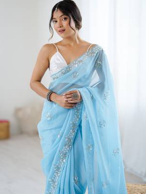 light blue chiffon crush saree with ultra satin blouse  sequins moti & cut dana work party wear saree 3