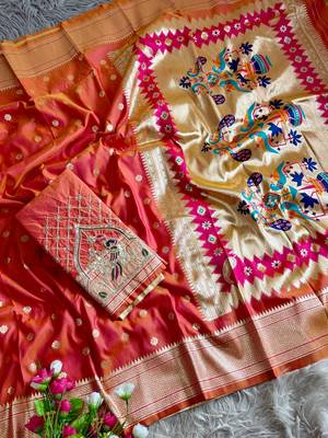 orange color paithani art silk saree  2