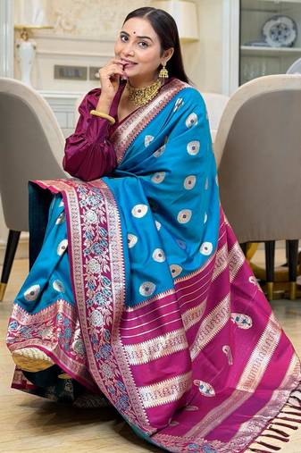 blue color art silk saree with contrast blouse