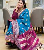 blue color art silk saree with contrast blouse