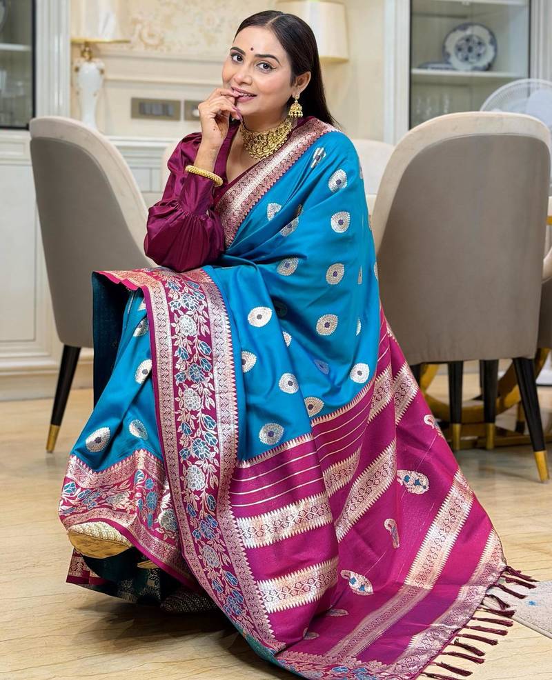 blue color art silk saree with contrast blouse