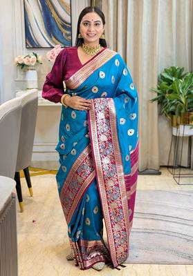 blue color art silk saree with contrast blouse 2