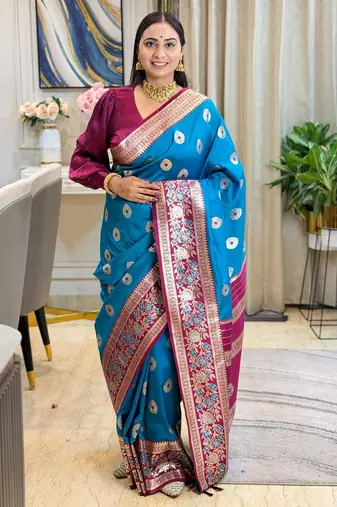 blue color art silk saree with contrast blouse