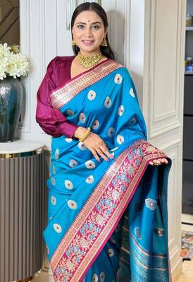 blue color art silk saree with contrast blouse 3
