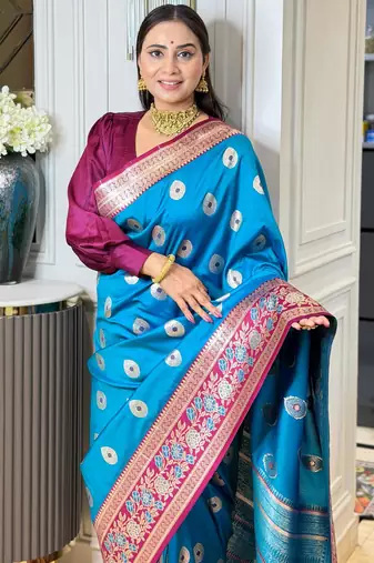 blue color art silk saree with contrast blouse