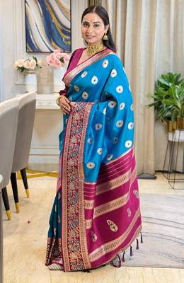 blue color art silk saree with contrast blouse 4