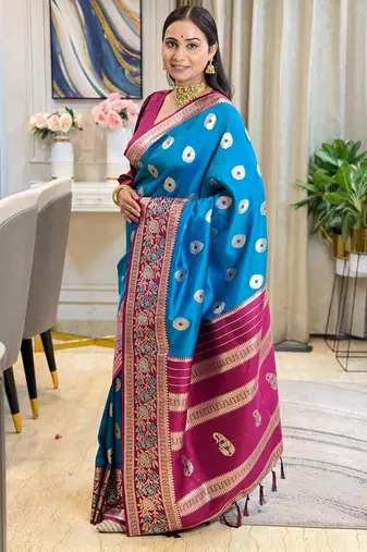 blue color art silk saree with contrast blouse