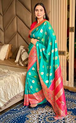 green color art silk saree with contrast blouse 1