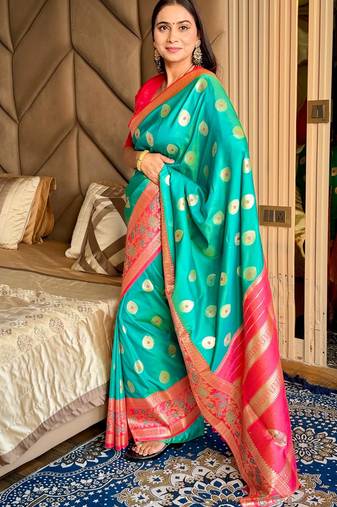 green color art silk saree with contrast blouse