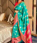 green color art silk saree with contrast blouse