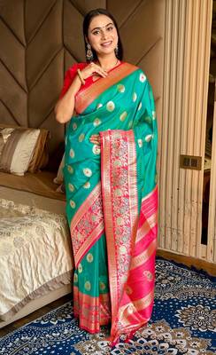 green color art silk saree with contrast blouse 2