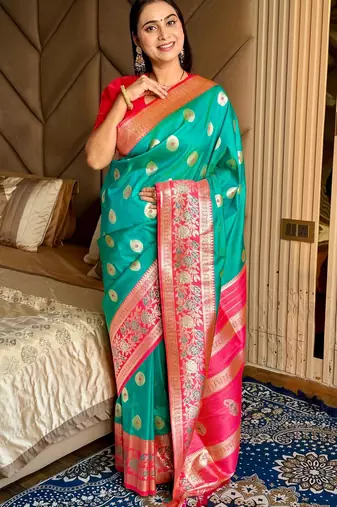 green color art silk saree with contrast blouse