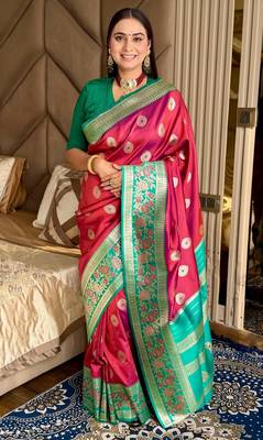 maroon color art silk saree with contrast blouse 1