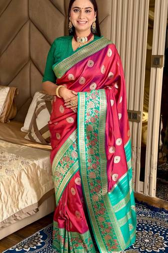 maroon color art silk saree with contrast blouse