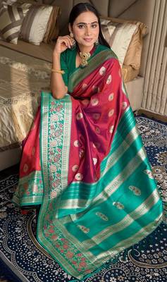 maroon color art silk saree with contrast blouse 2