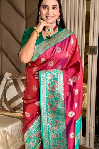 maroon color art silk saree with contrast blouse