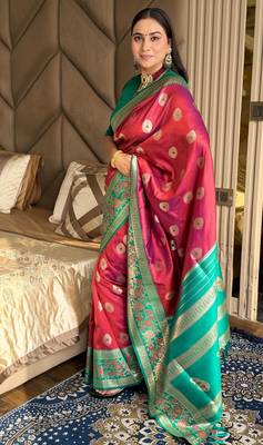 maroon color art silk saree with contrast blouse 4