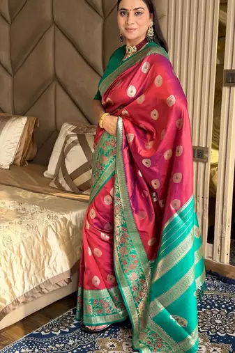 maroon color art silk saree with contrast blouse