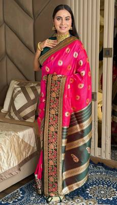 pink color art silk saree with contrast blouse 2
