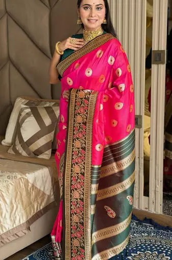 pink color art silk saree with contrast blouse