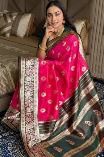 pink color art silk saree with contrast blouse