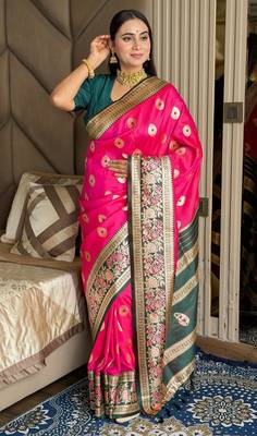 pink color art silk saree with contrast blouse 4