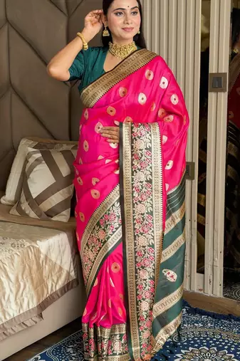 pink color art silk saree with contrast blouse